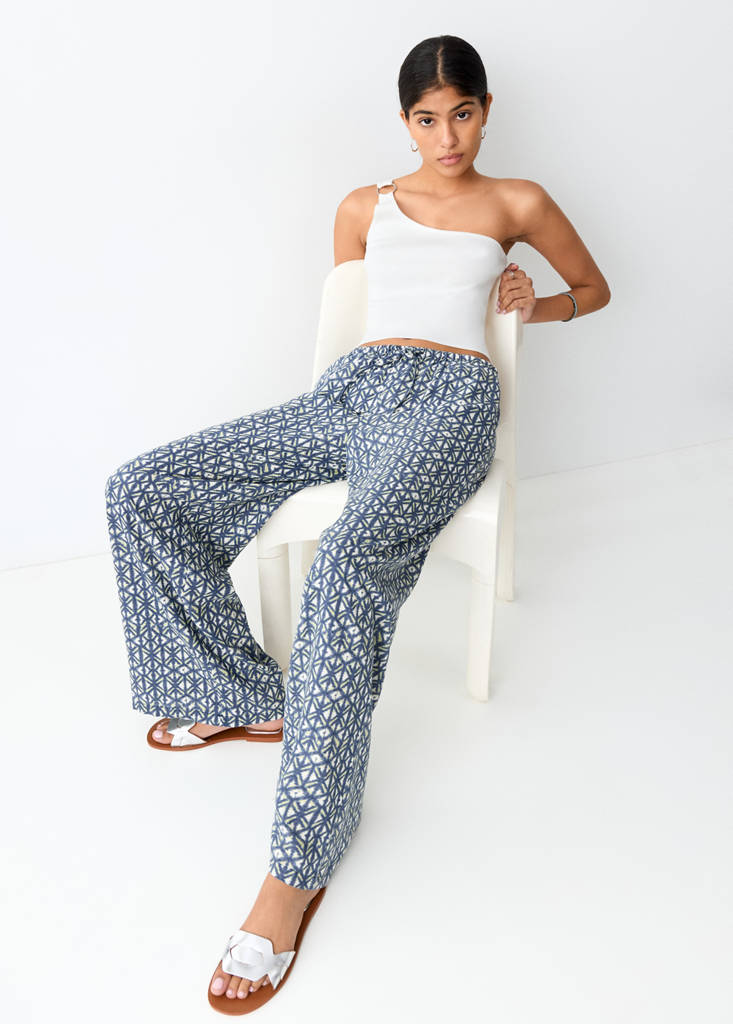 Printed linen trousers — Navy
