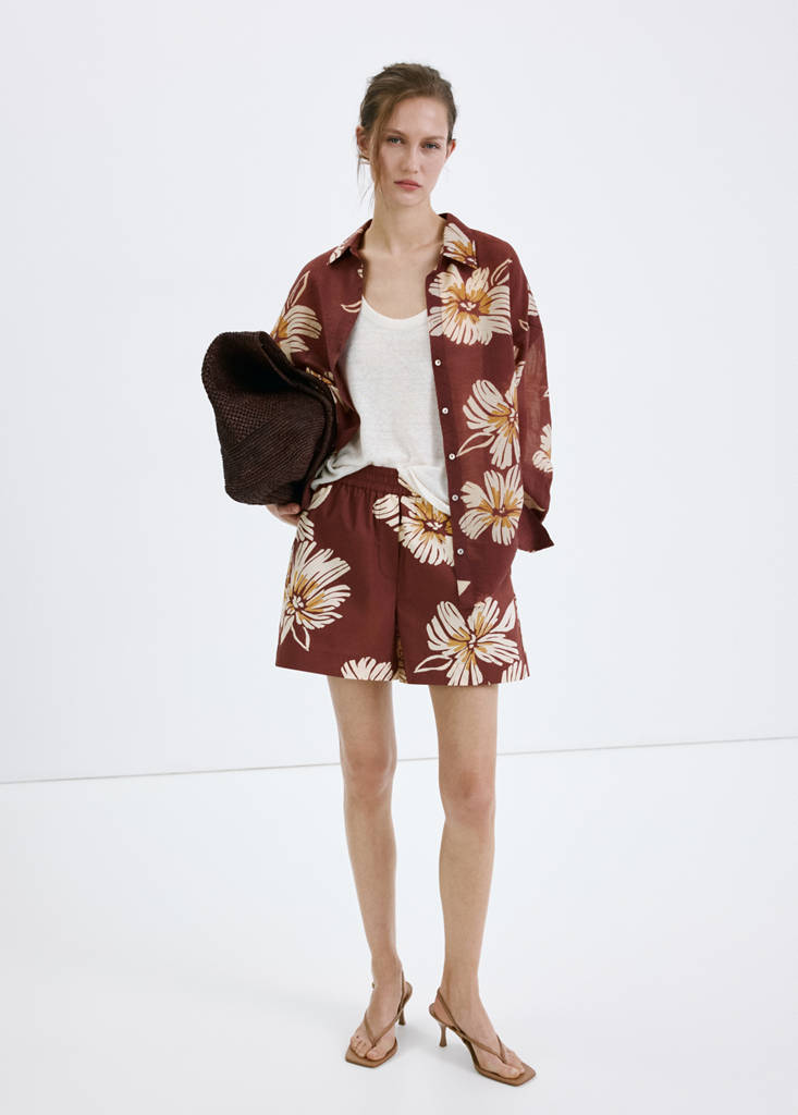 Printed cotton-blend short — Burgundy