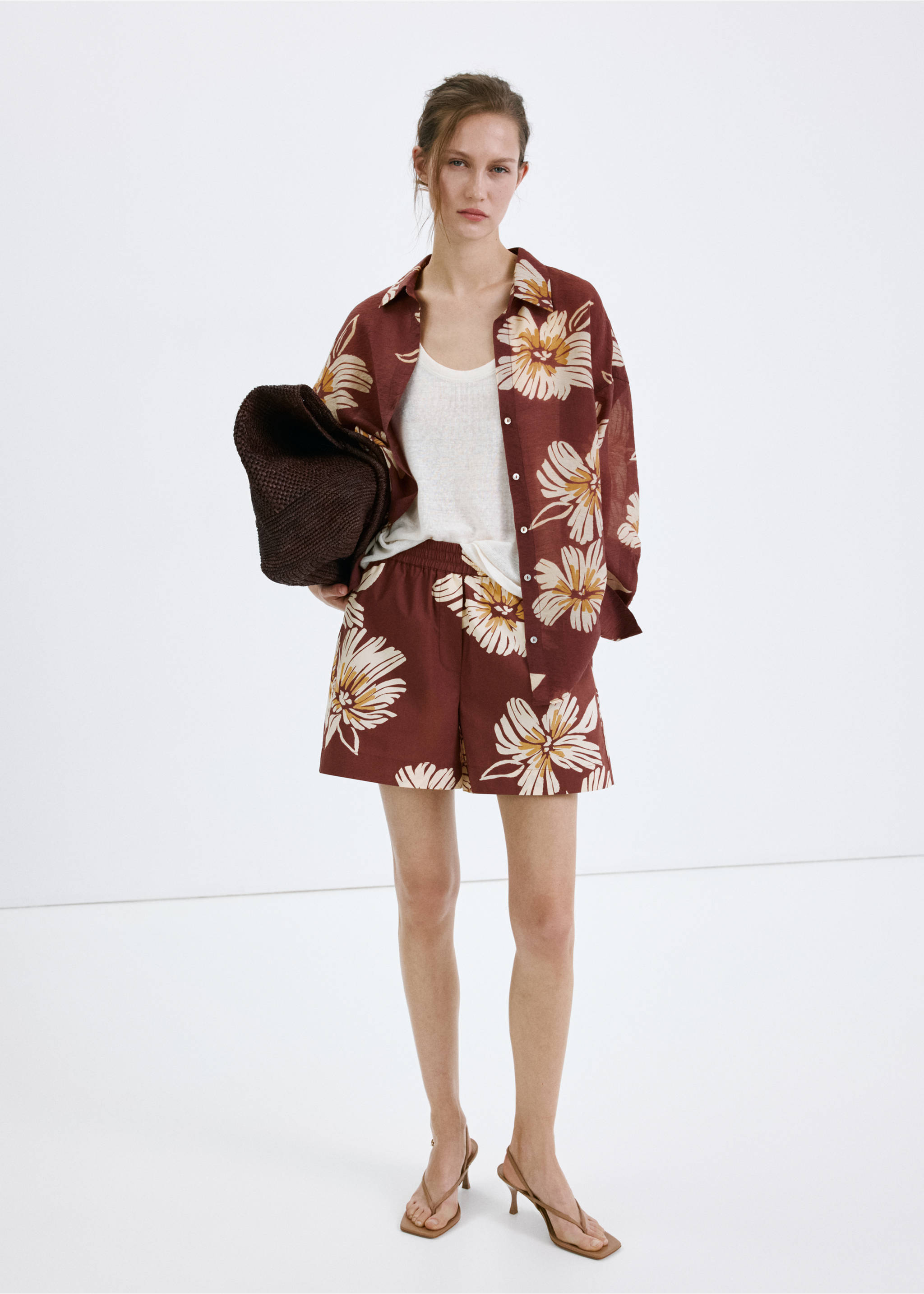 Printed cotton-blend short - General plane, Burgundy. Ref: 27059055-00.