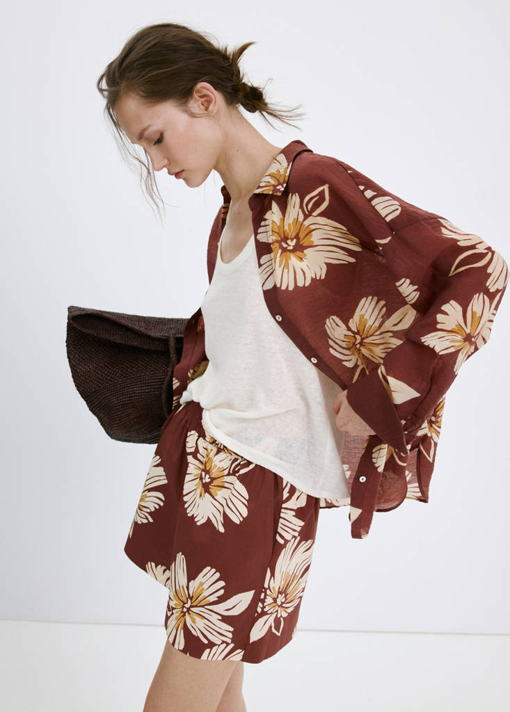 Printed cotton-blend short — Burgundy