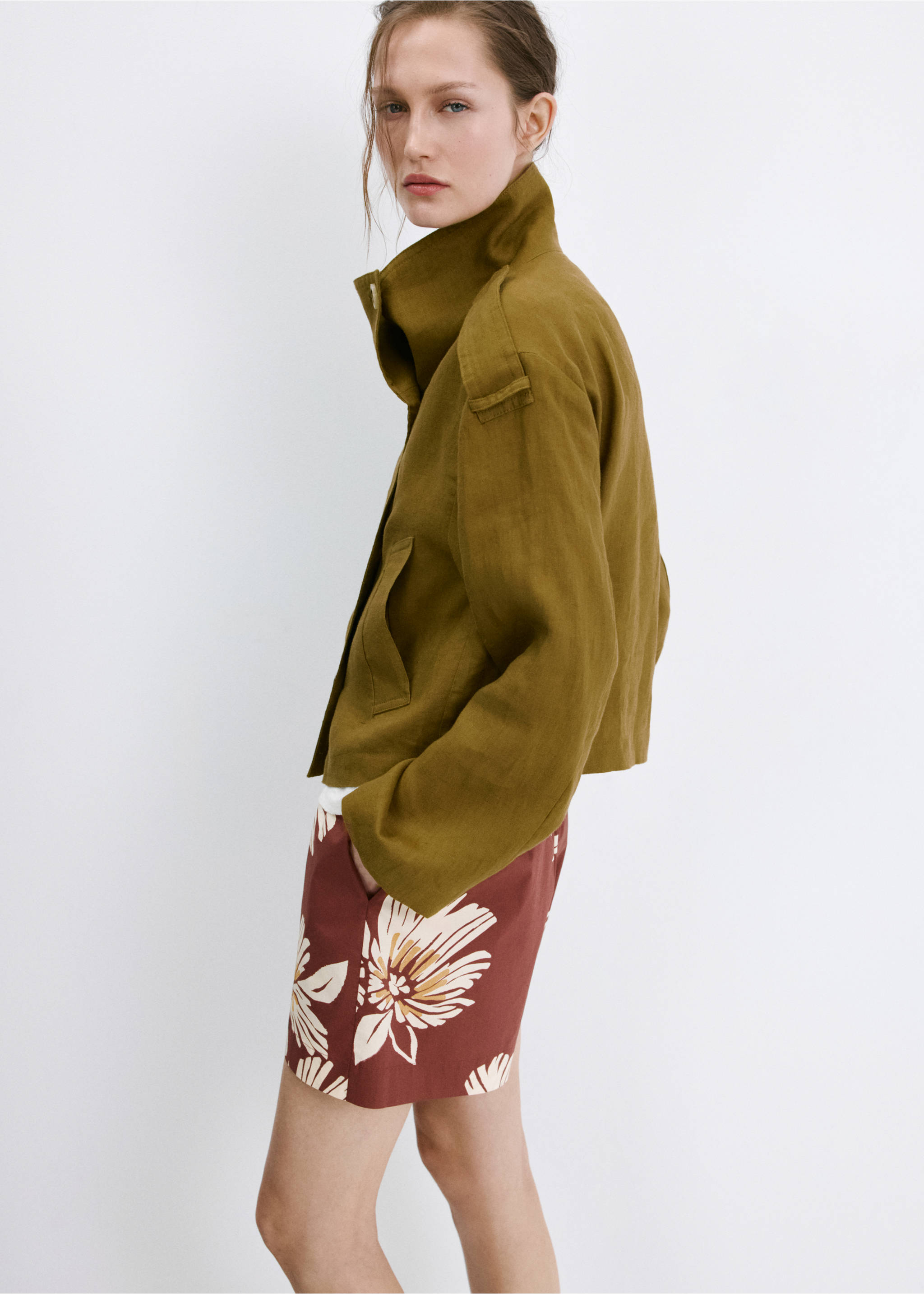 Printed cotton-blend short - Details of the article 2, Burgundy. Ref: 27059055-00.