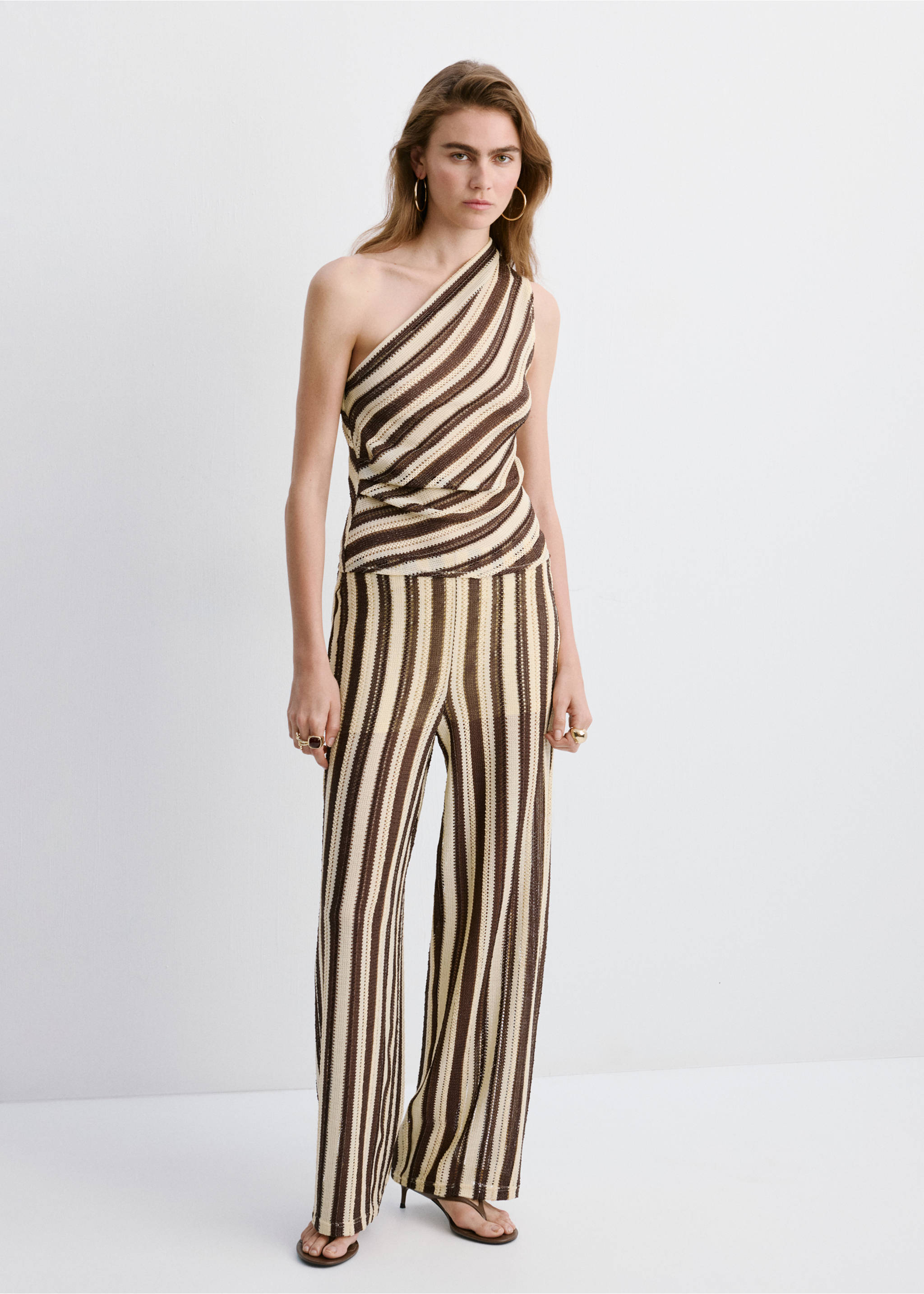 Pantalon en maille ajourée à rayures - Plan général, Marron. Ref: 27059058-00.