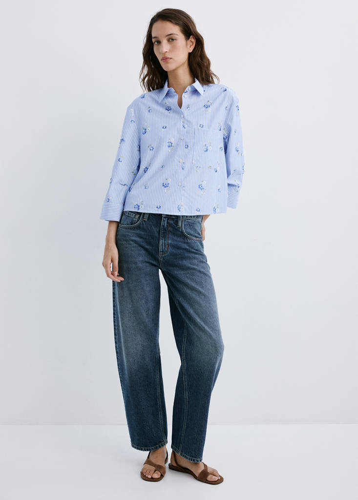 Flower embroidered striped shirt — Sky Blue