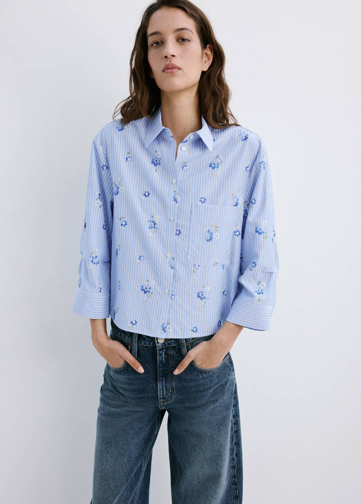 Flower embroidered striped shirt — Sky Blue