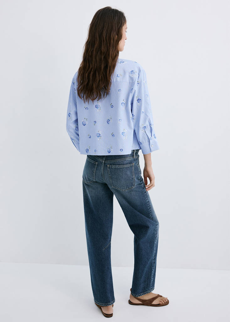 Flower embroidered striped shirt — Sky Blue