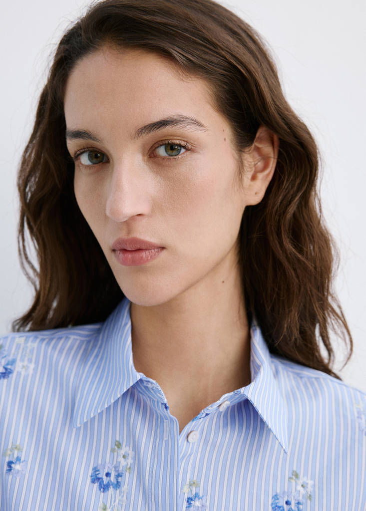 Flower embroidered striped shirt — Sky Blue