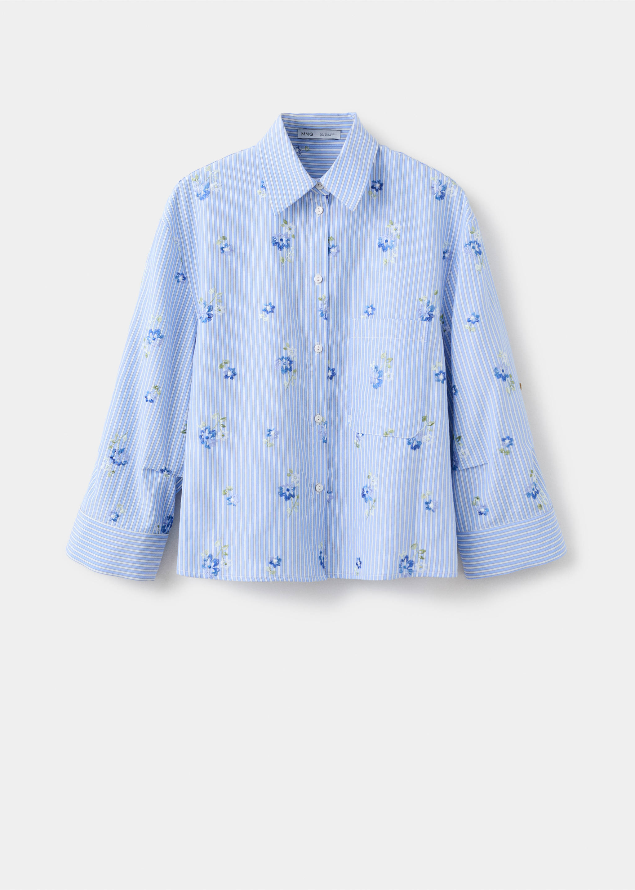 Flower embroidered striped shirt - Article without model, Sky Blue. Ref: 27059062-00.