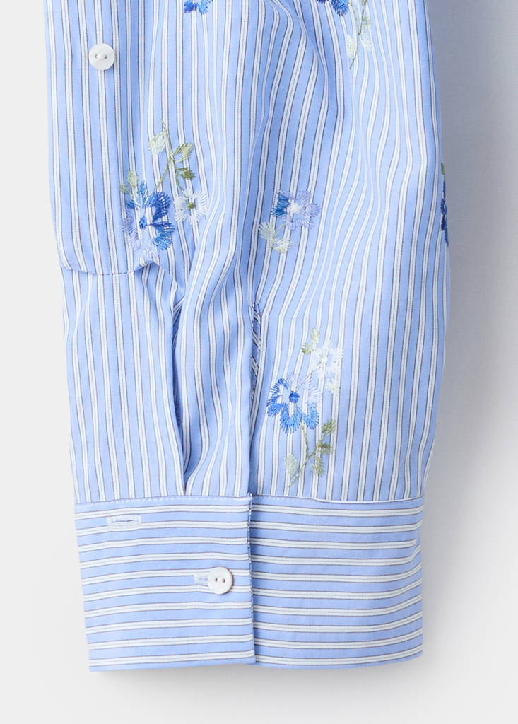 Flower embroidered striped shirt — Sky Blue