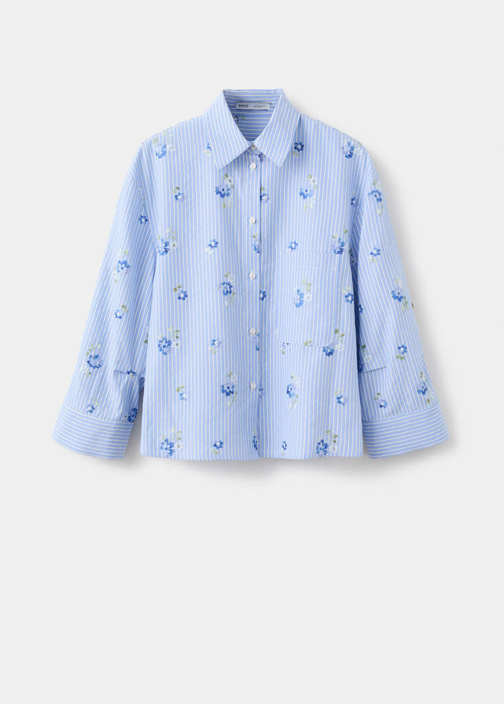 Flower embroidered striped shirt — Sky Blue