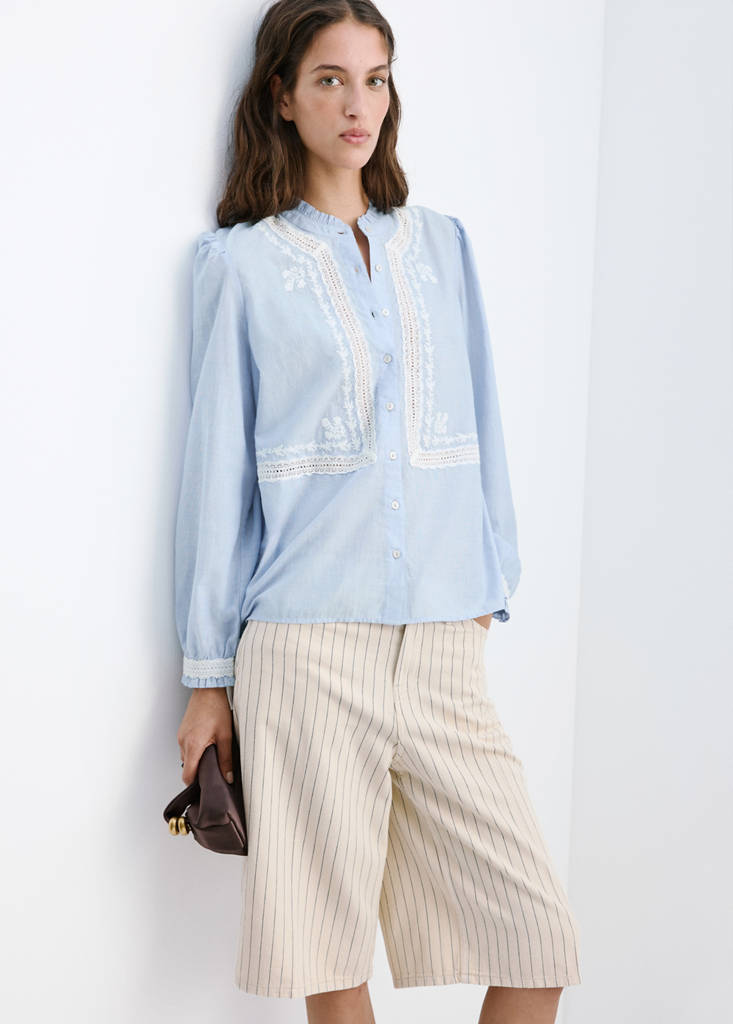 Embroidered cotton shirt with gathered details