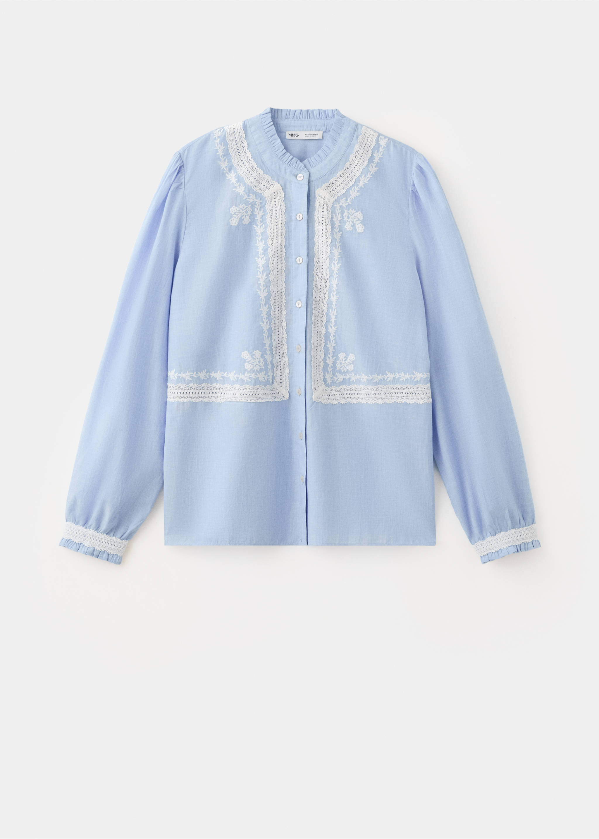 Embroidered cotton shirt with gathered details - Article without model, Sky Blue. Ref: 27059066-00.