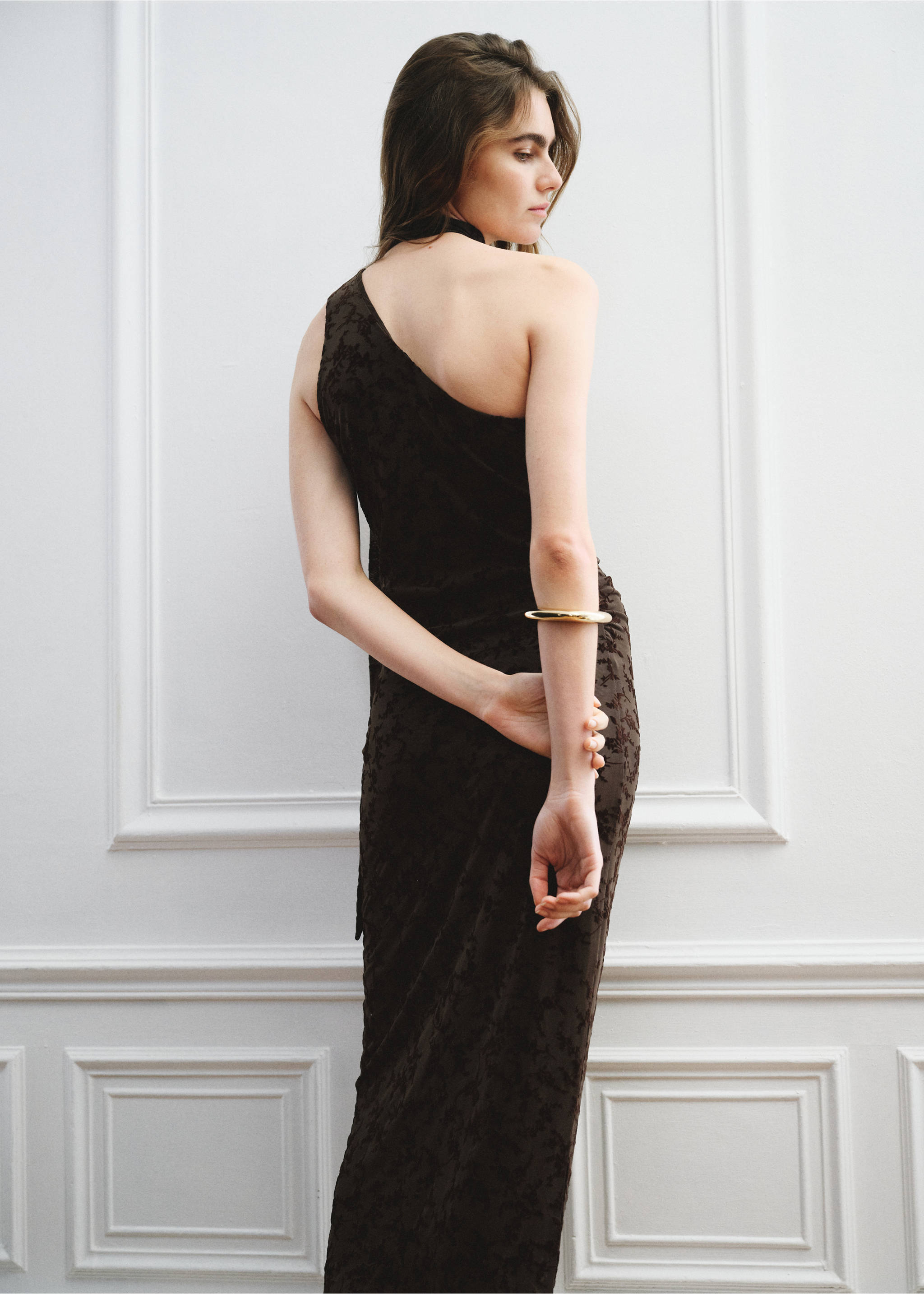 Robe asymétrique en tissu dévoré - Verso de l’article, Marron. Ref: 27059074-00.