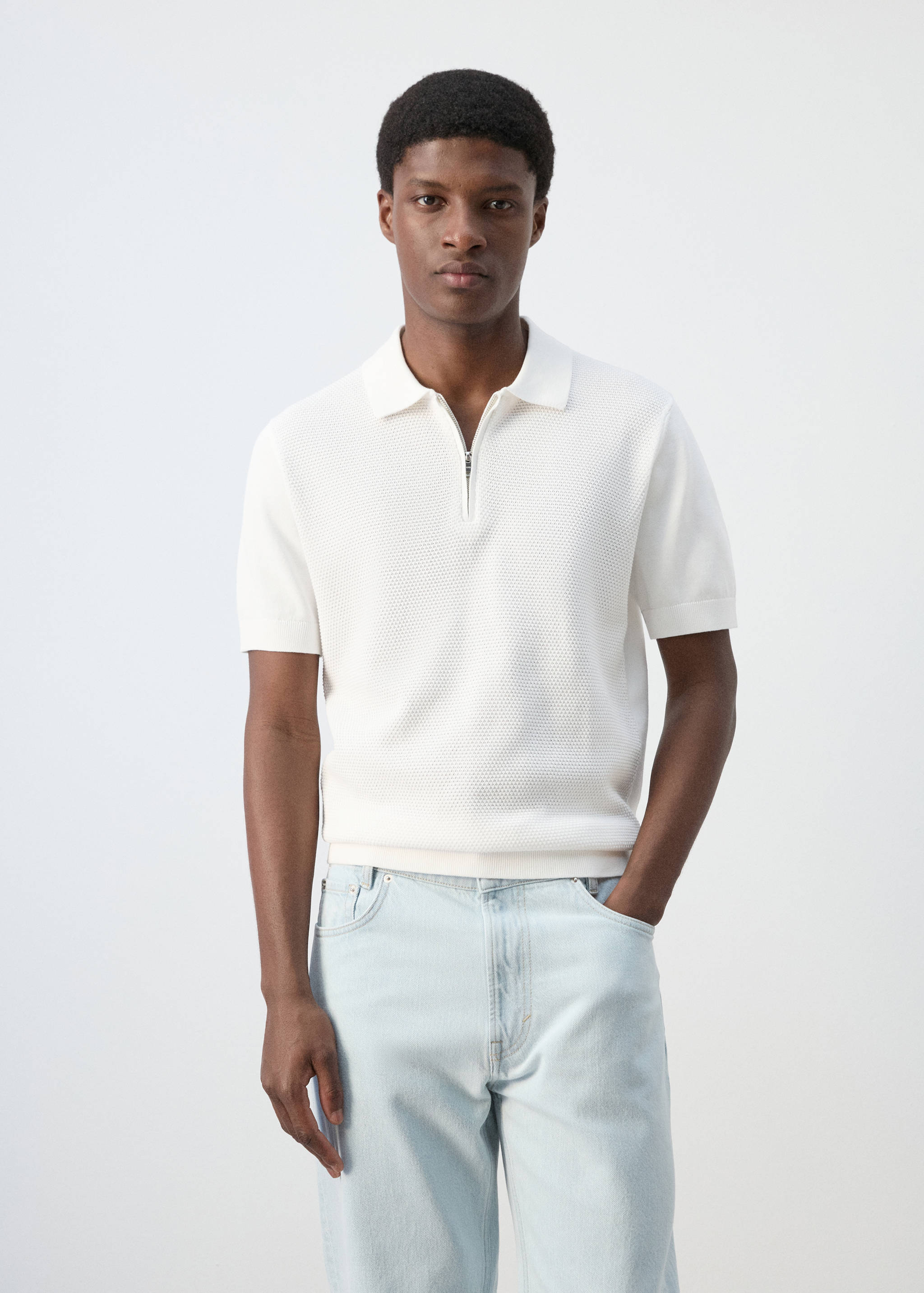 Polo maille ajourée à zip - Plan moyen
