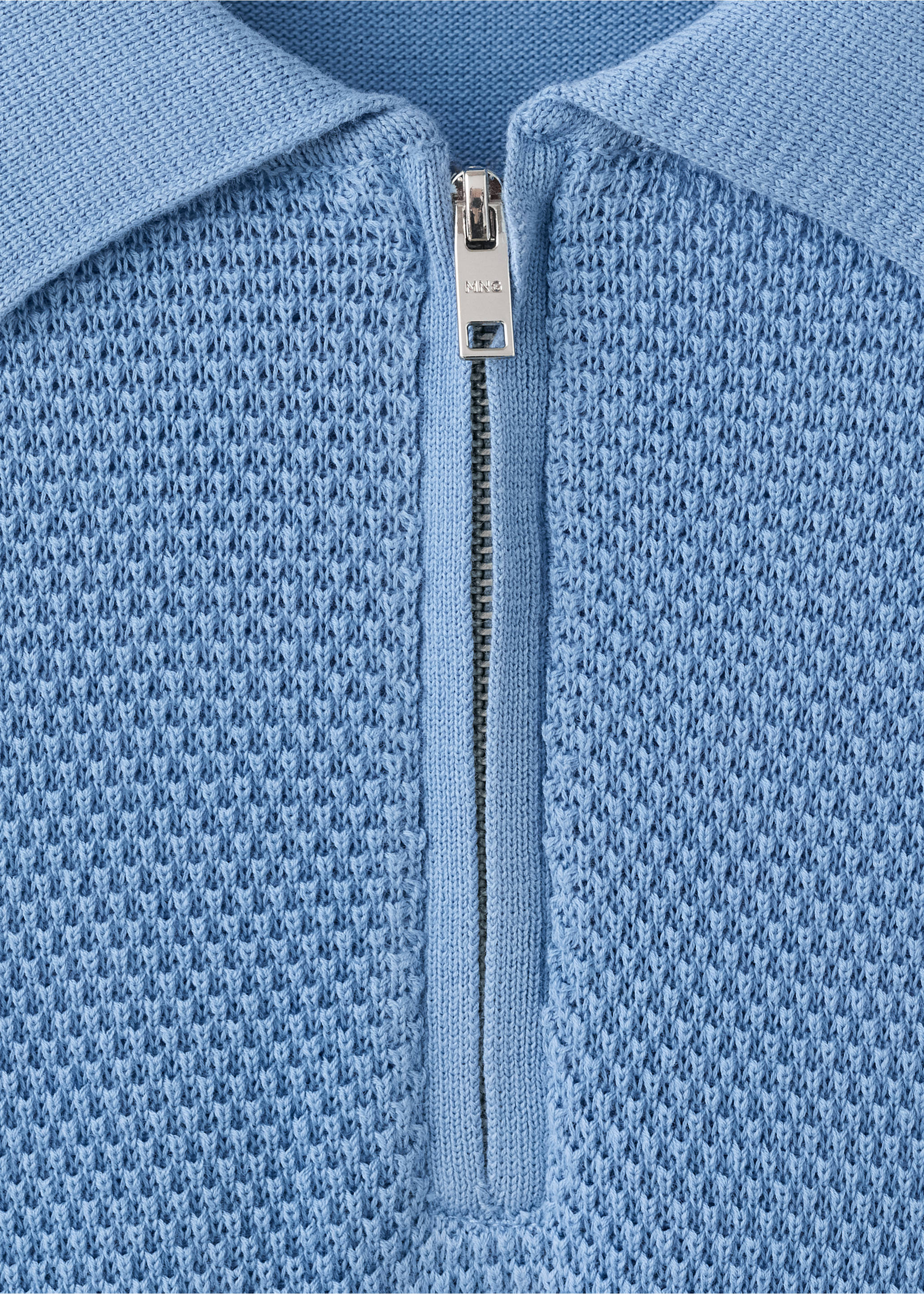 Openwork knitted polo shirt with zip - Details of the article 8, China Blue. Ref: 27059208-00.