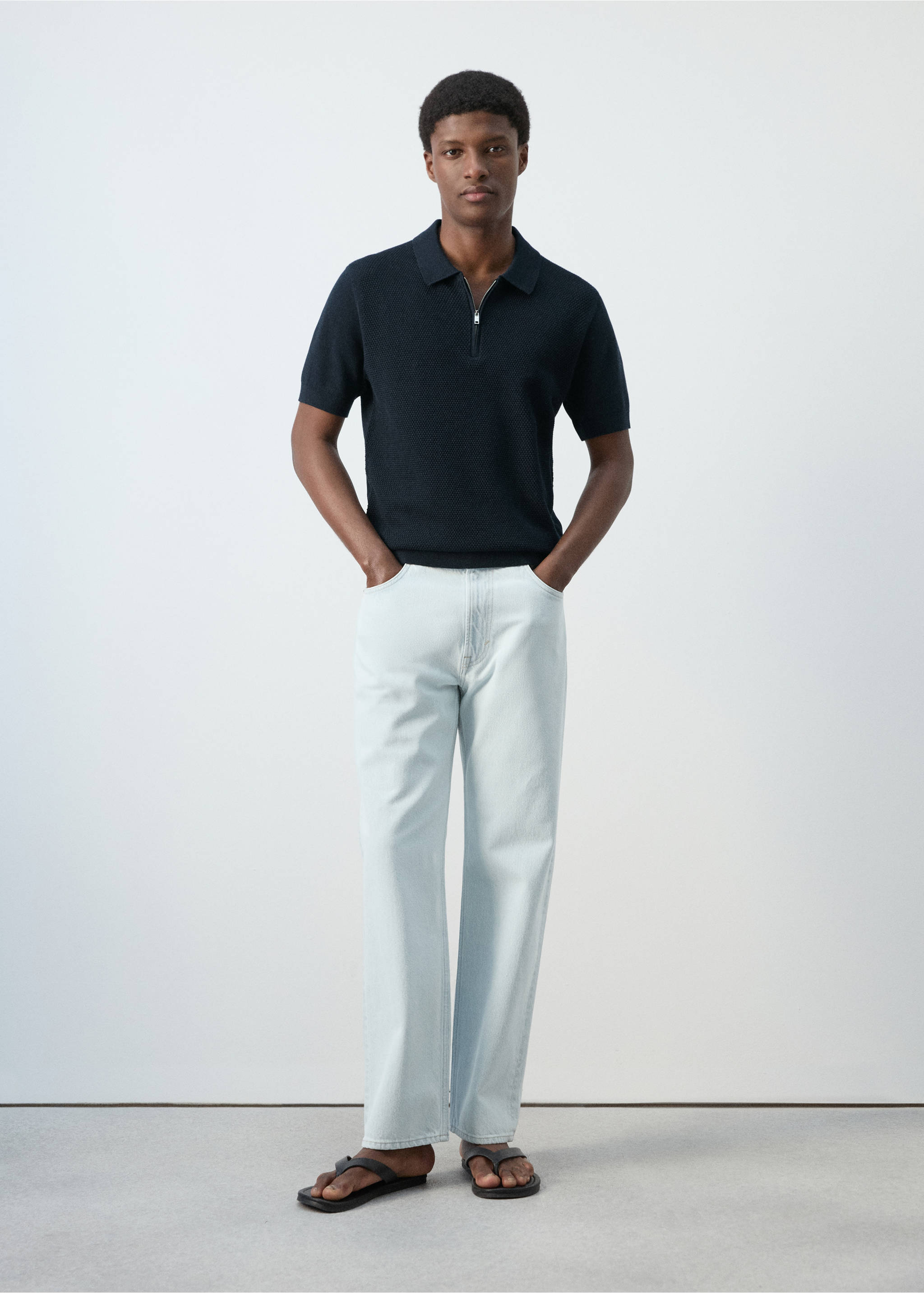 Knitted polo shirt with zipper and lace accents - General plane, Navy. Ref: 27059208-00.