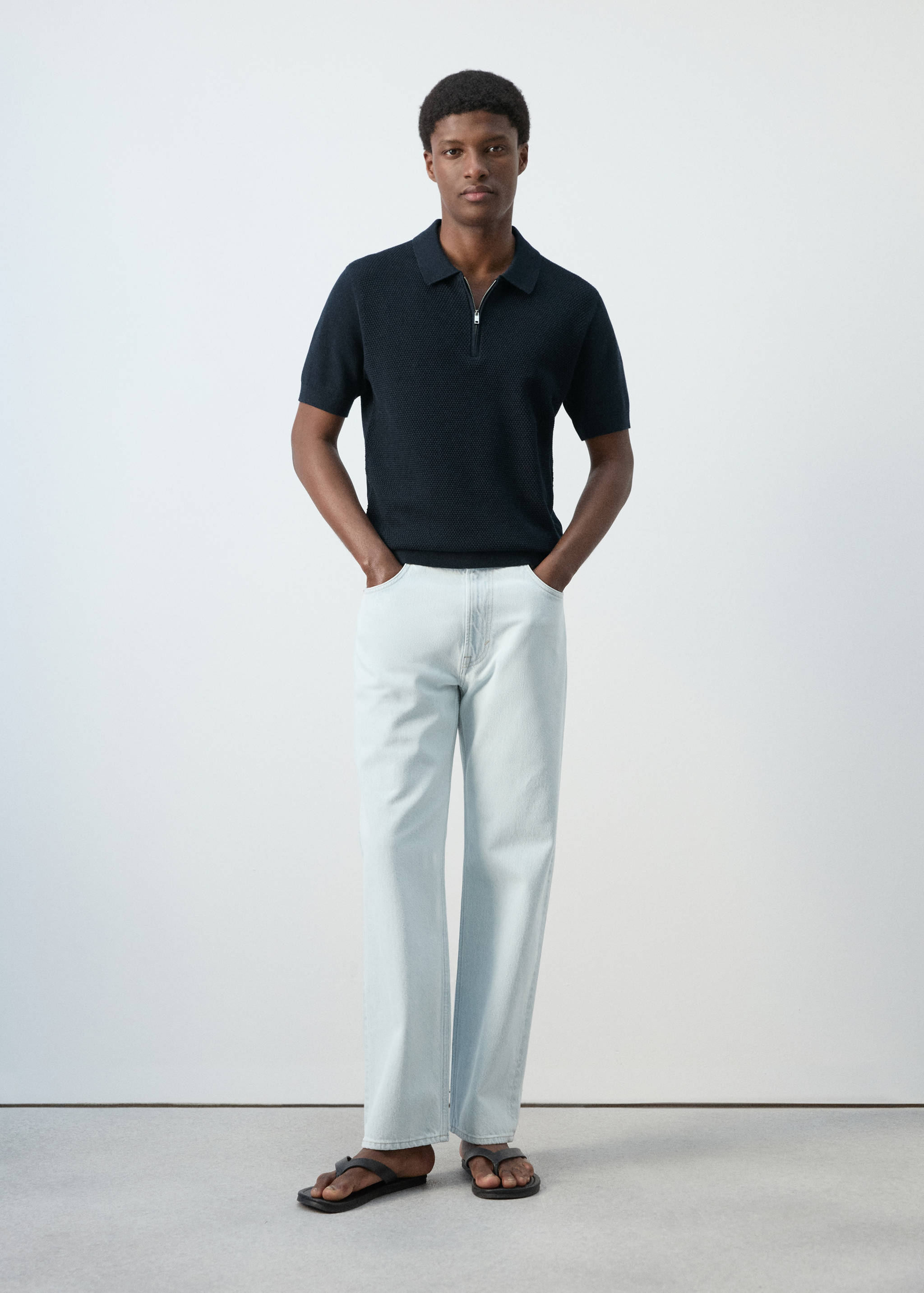 Openwork knitted polo shirt with zip - General plane