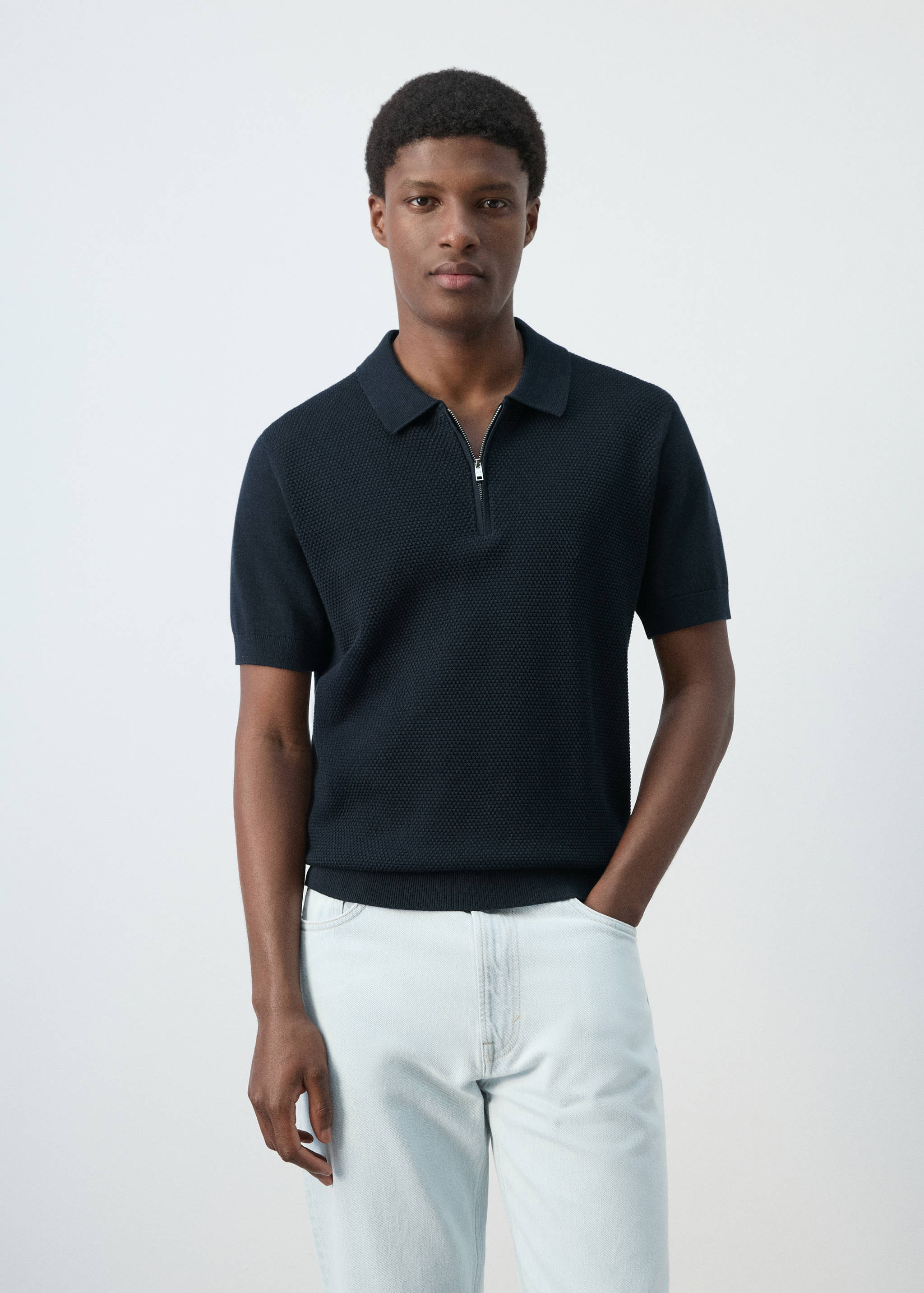 Openwork knitted polo shirt with zip - Medium plane