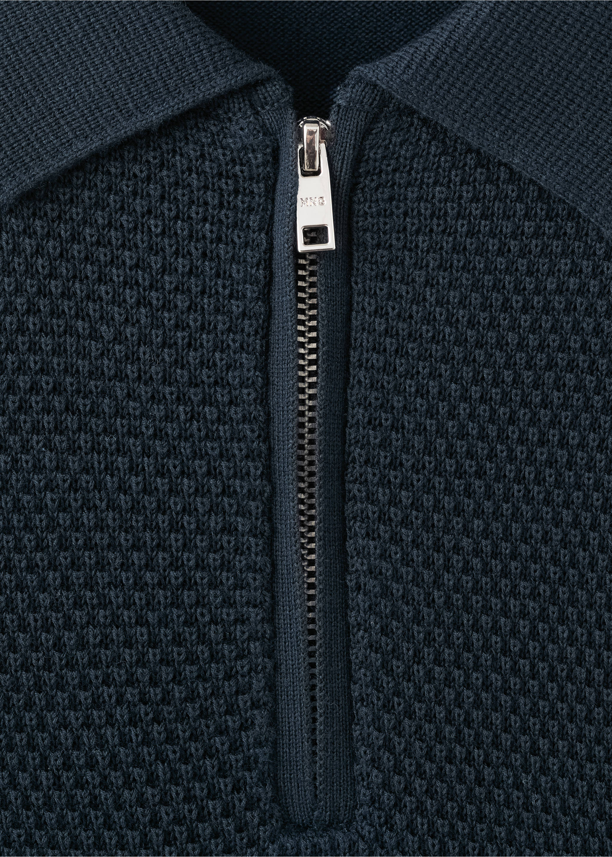 Knitted polo shirt with zipper and lace accents - Details of the article 8, Navy. Ref: 27059208-00.
