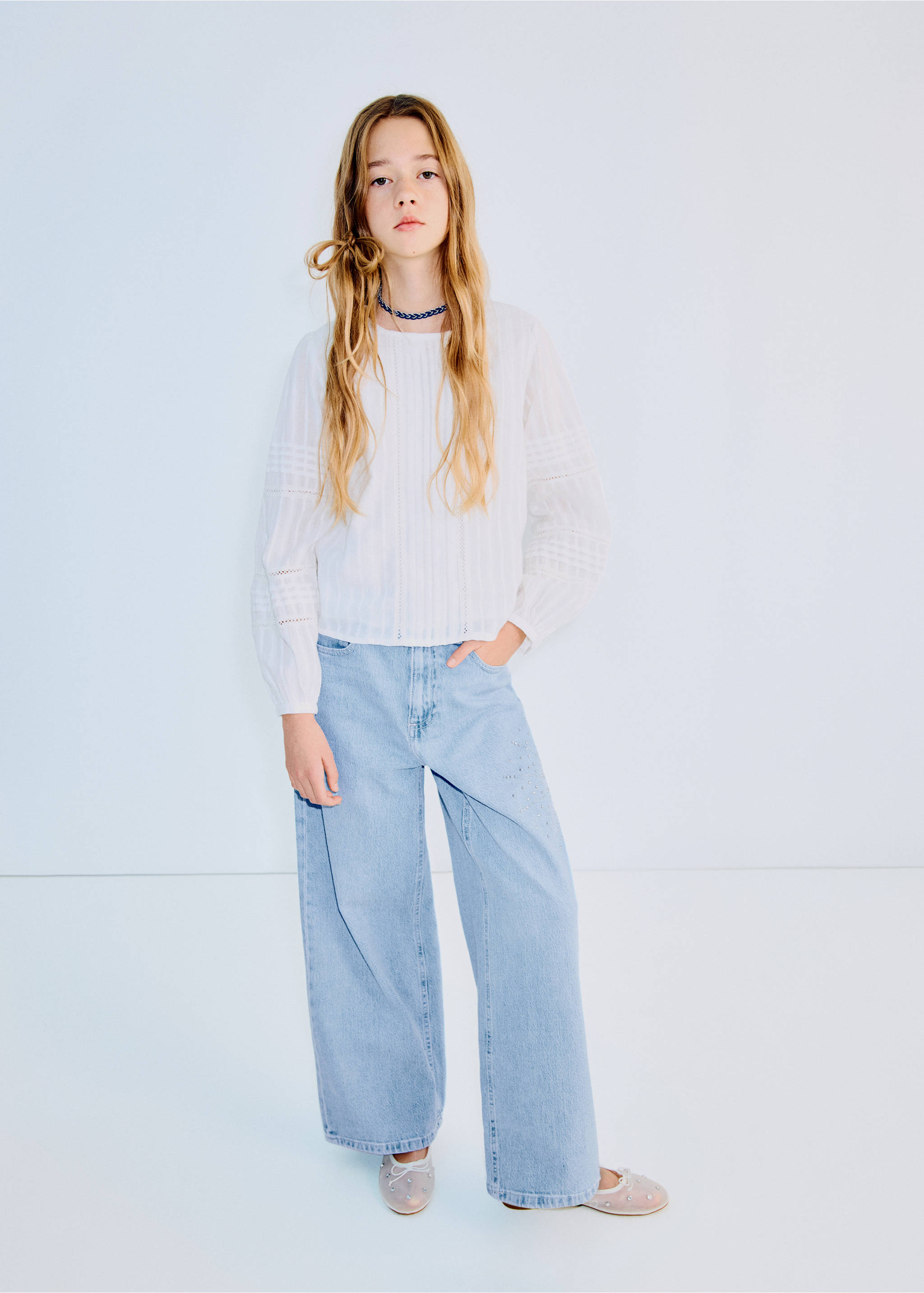 Wide leg jeans with rhinestones - General plane, Medium Blue. Ref: 27061170-00.