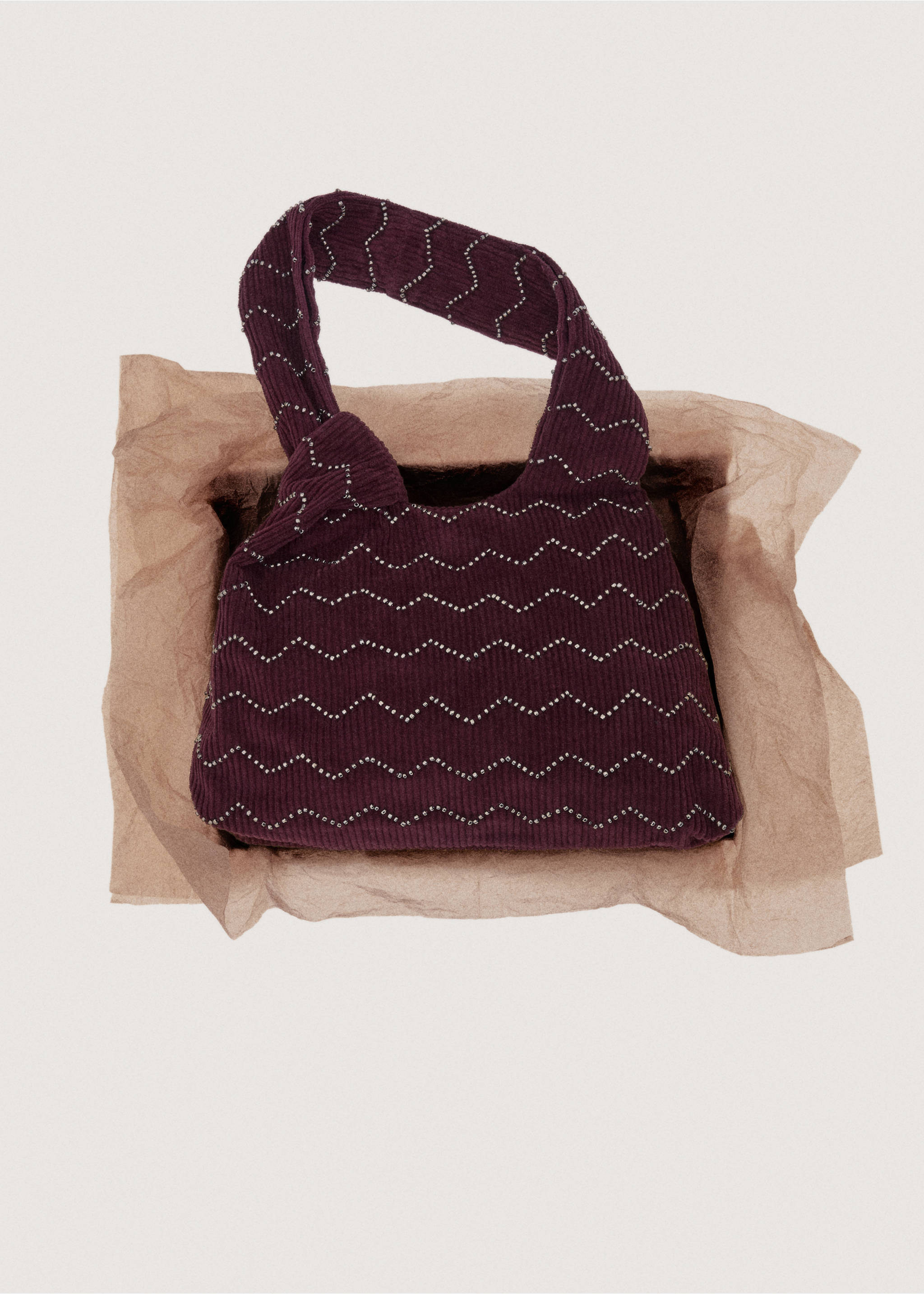 비즈 장식 코듀로이 핸드백 - 상품 내역: 7, 버건디. Ref: 27061182-00.