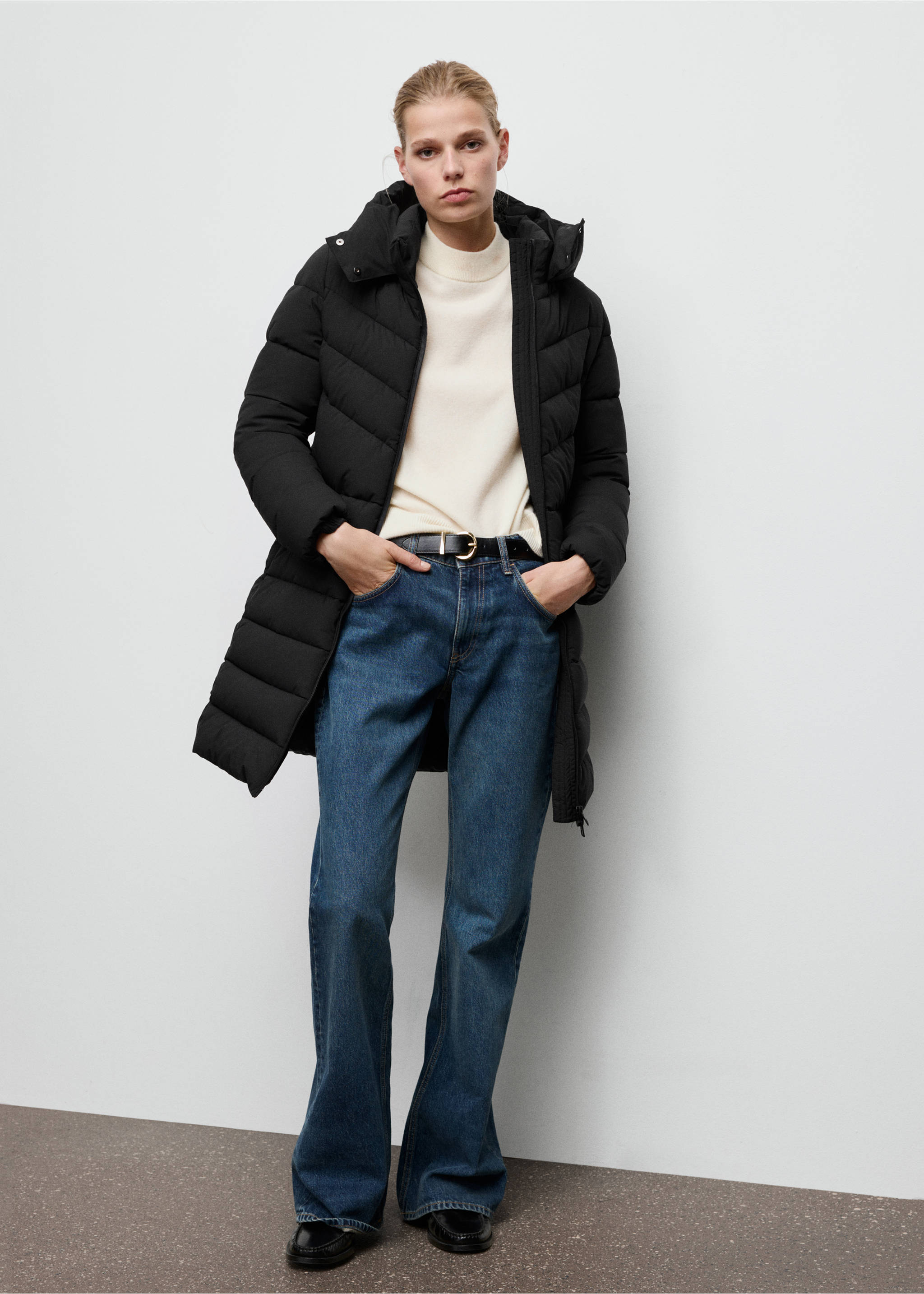 Anorak midi matelassé capuche - Plan général, Noir. Ref: 27061184-00.