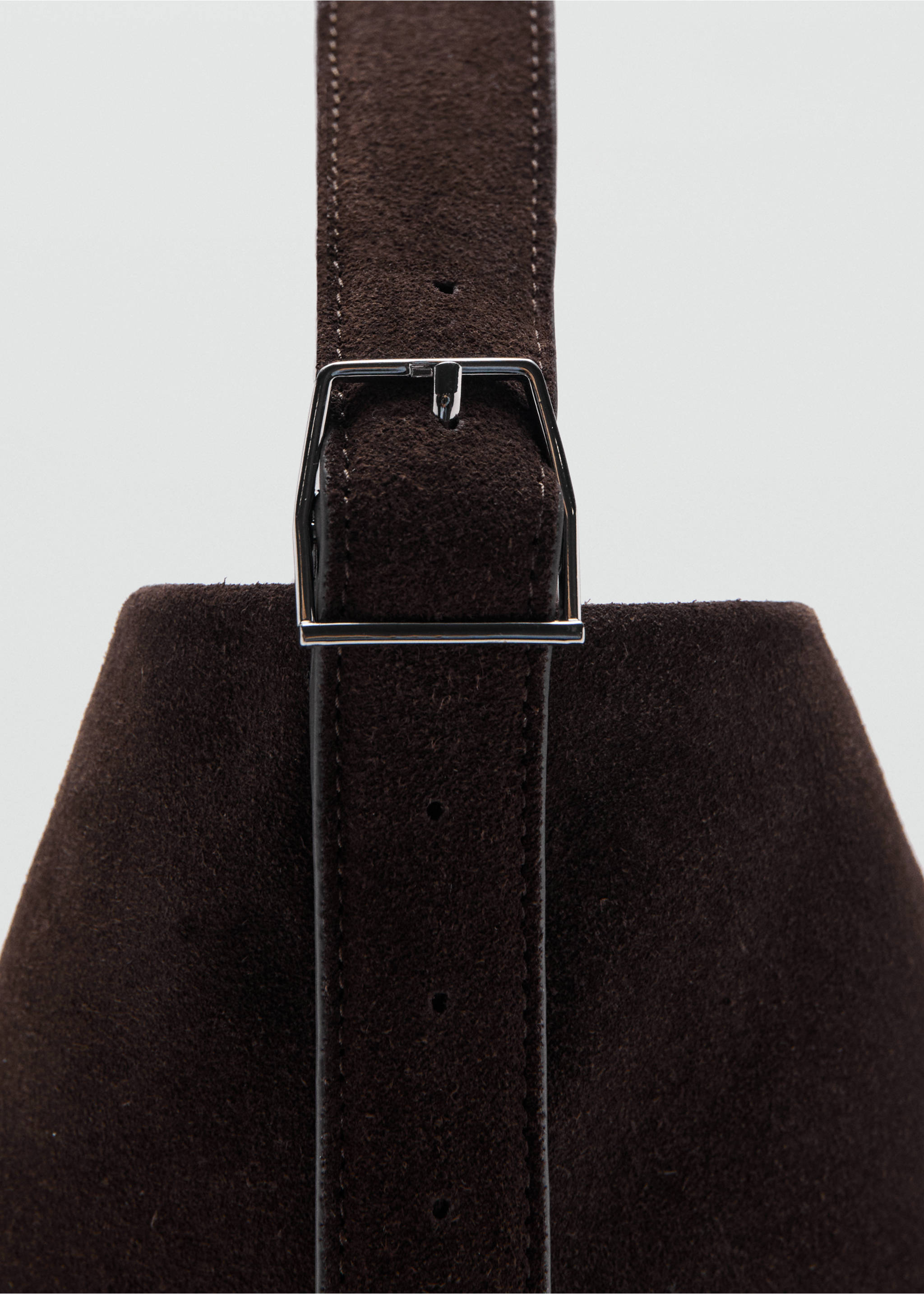 Large suede bucket bag with buckle - Details of the article 1, Chocolate. Ref: 27061225-00.