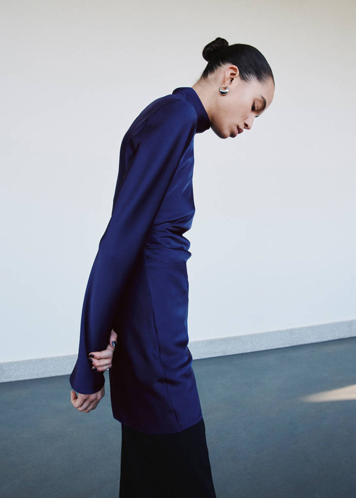 Satin dress with pleat detail — Indigo Blue