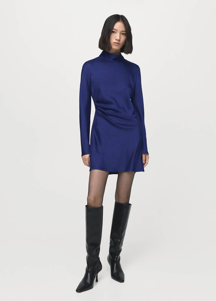Satin dress with pleat detail — Indigo Blue