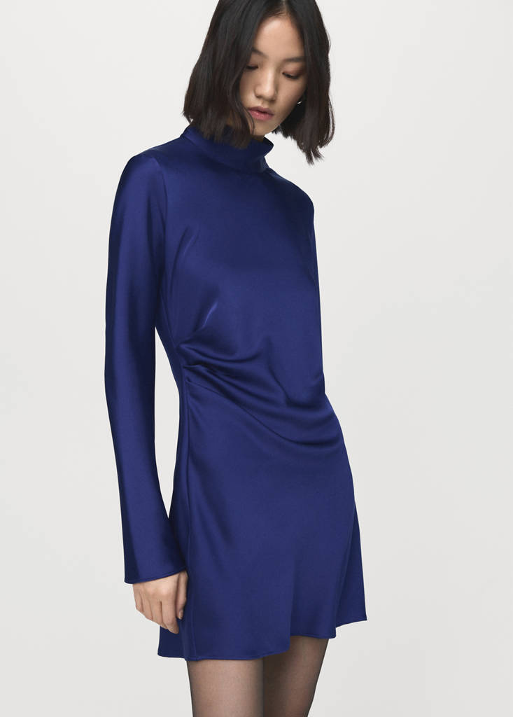 Satin dress with pleat detail — Indigo Blue