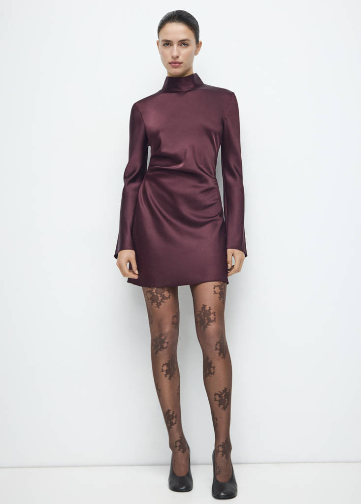 Satin dress with pleat detail — Cherry
