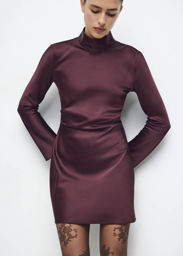 Satin dress with pleat detail — Cherry