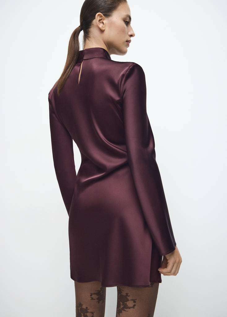 Satin dress with pleat detail — Cherry