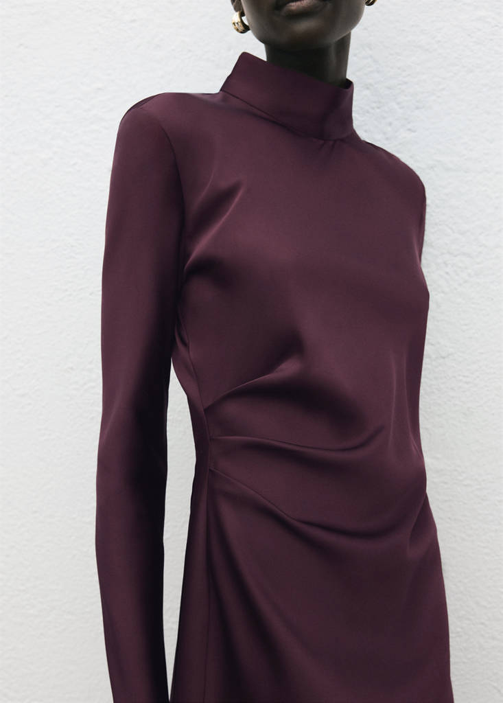 Satin dress with pleat detail — Cherry