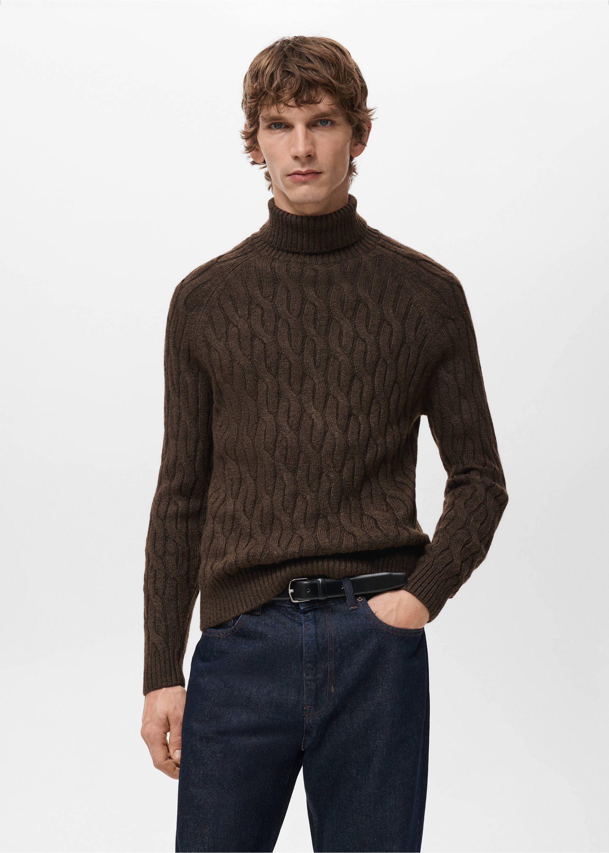 Cable-knit turtleneck sweater - Medium plane, Brown. Ref: 27061243-00.