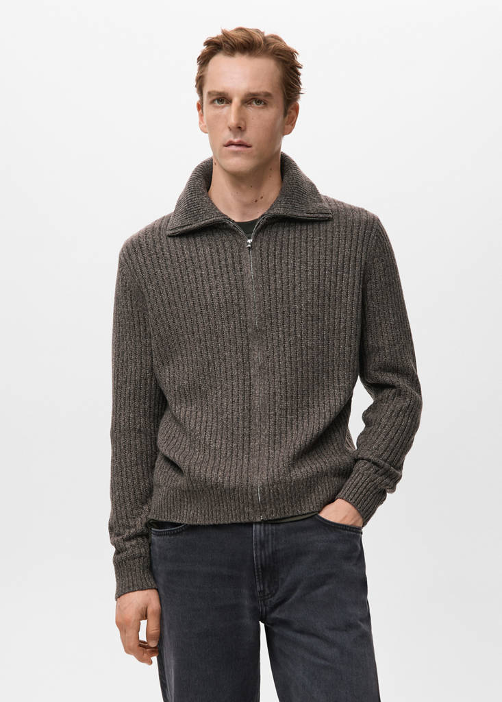 Ribbed-knit cardigan with zip — Chocolate