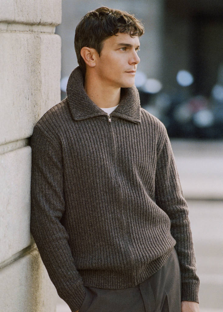Ribbed-knit cardigan with zip — Chocolate