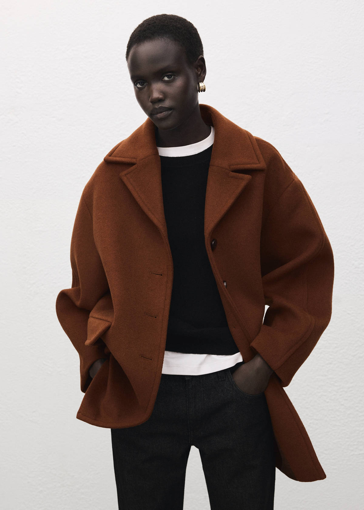 Wool-blend coat with button fastening — Medium Brown