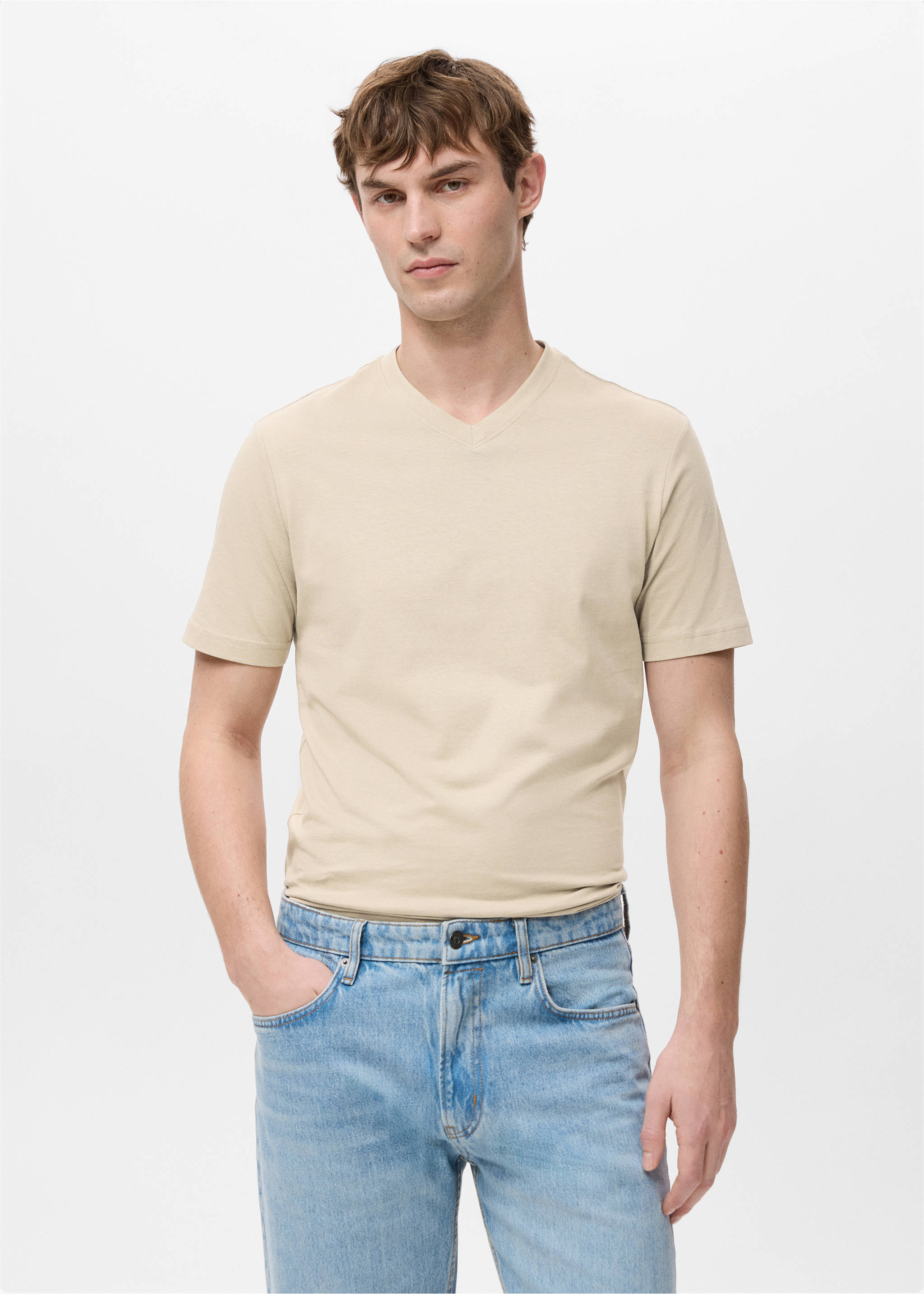 100% cotton slim-fit V-neck t-shirt - Medium plane, Beige. Ref: 27061261-00.