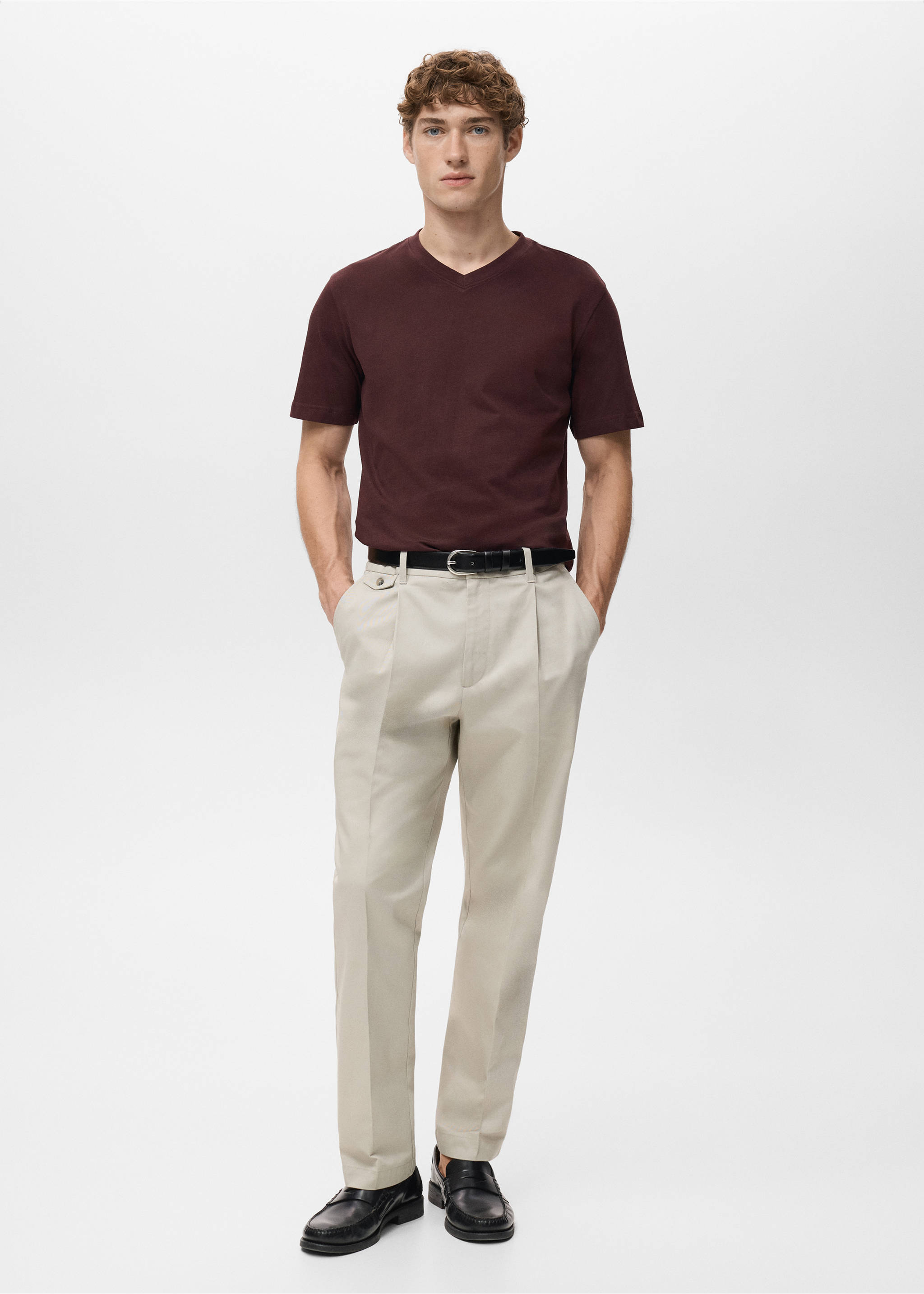 100% cotton slim-fit V-neck t-shirt - General plane, Burgundy. Ref: 27061261-00.