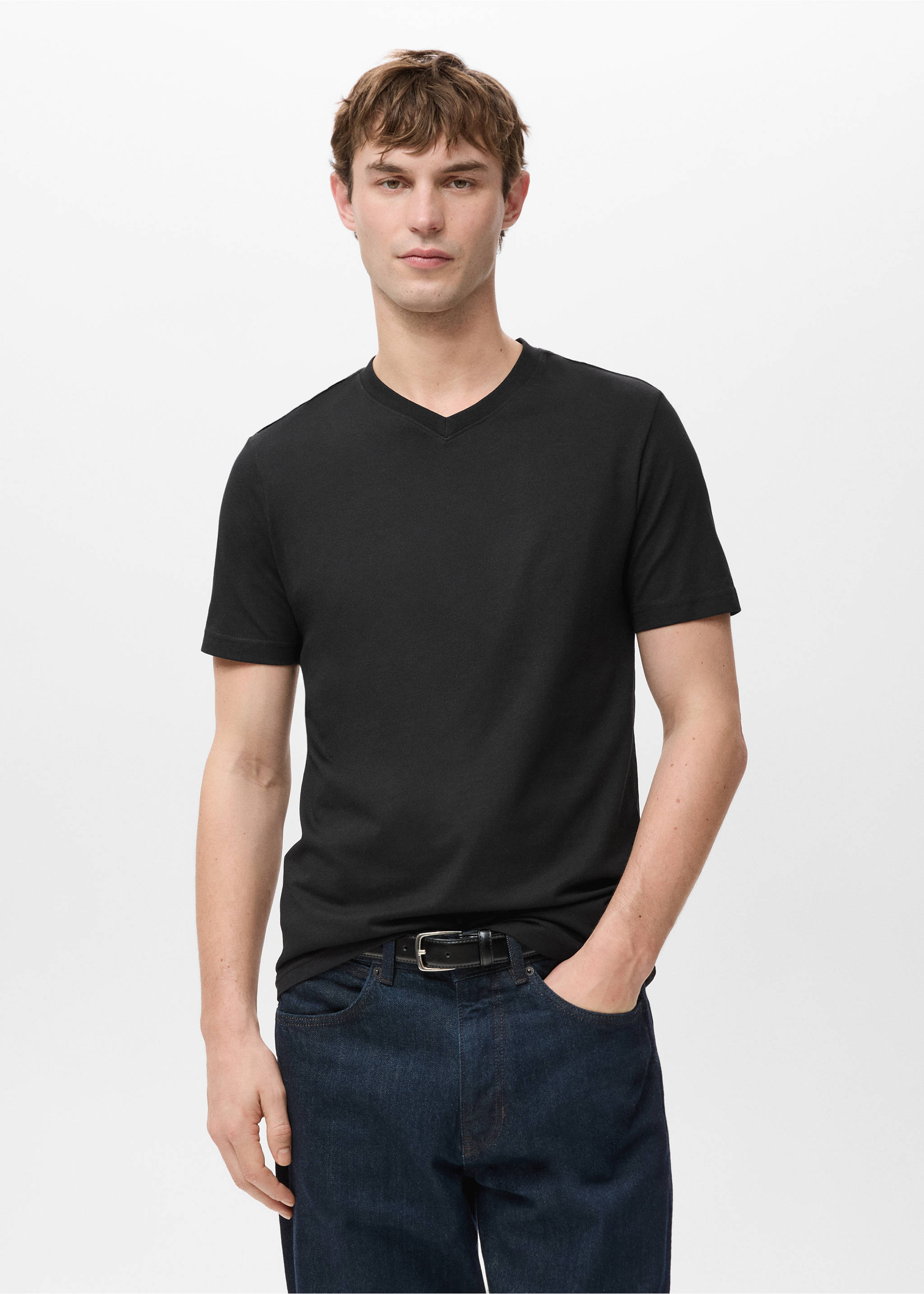 100% cotton slim-fit V-neck t-shirt - Medium plane, Black. Ref: 27061261-00.