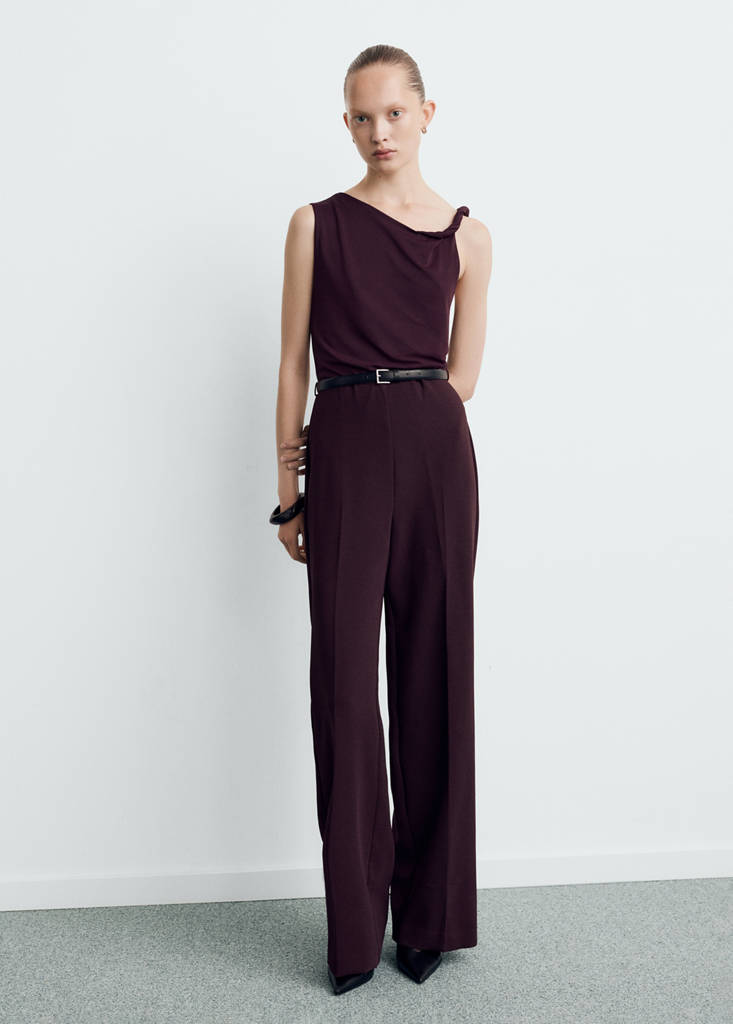 Jumpsuit with asymmetrical neckline and belt — Wine