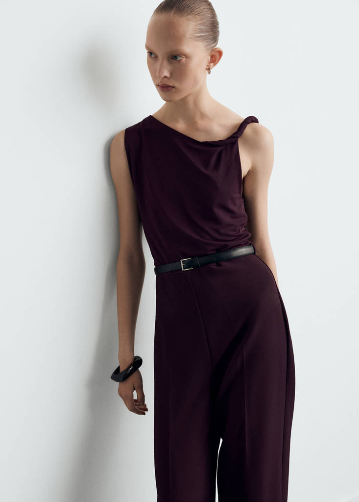 Jumpsuit with asymmetrical neckline and belt — Wine