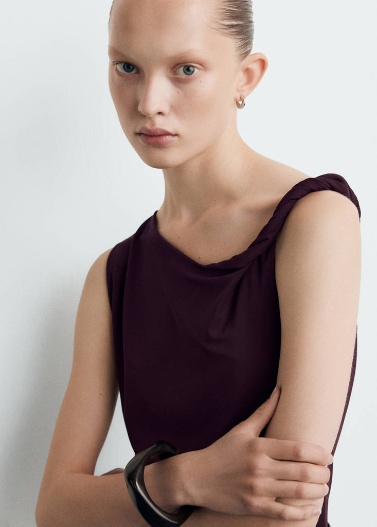 Jumpsuit with asymmetrical neckline and belt — Wine
