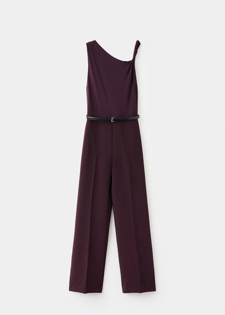 Jumpsuit with asymmetrical neckline and belt — Wine