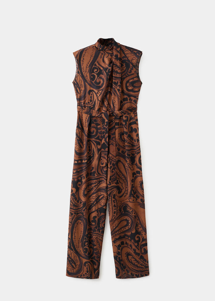 Paisley-print jumpsuit with belt — Burnt Orange