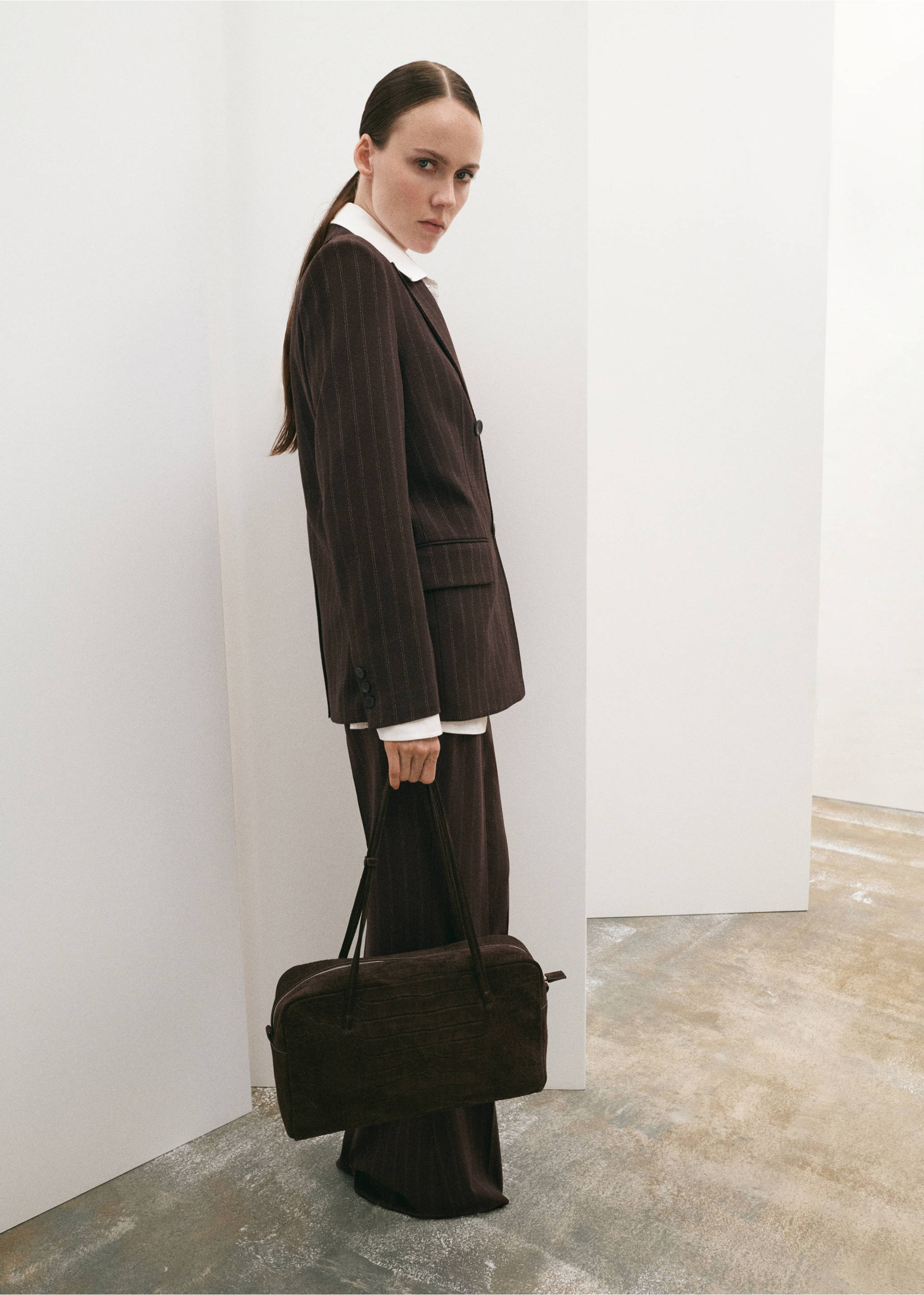 Double-breasted pinstripe suit jacket - General plane, Brown. Ref: 27061338-00.