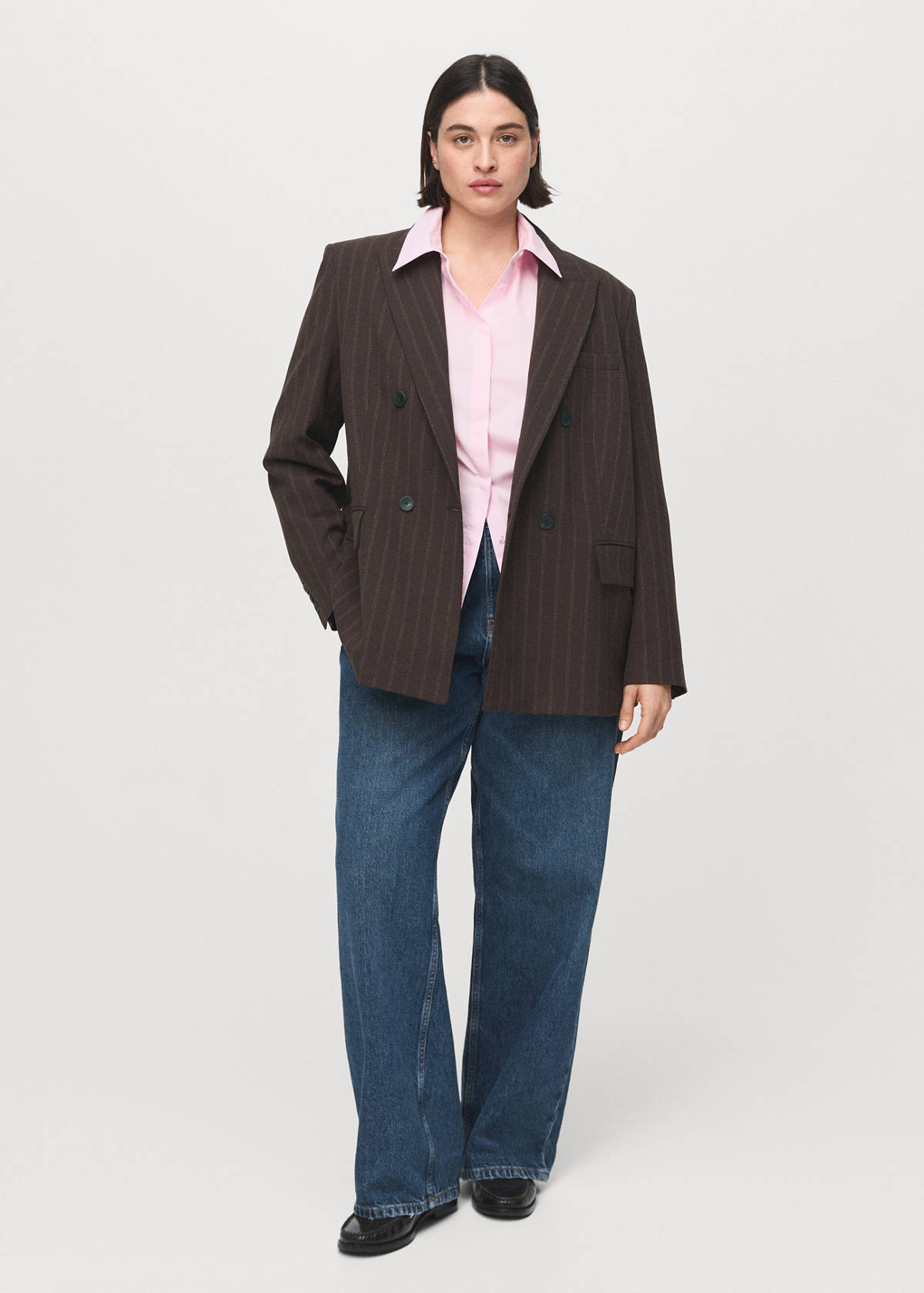 Double-breasted pinstripe suit jacket — Brown