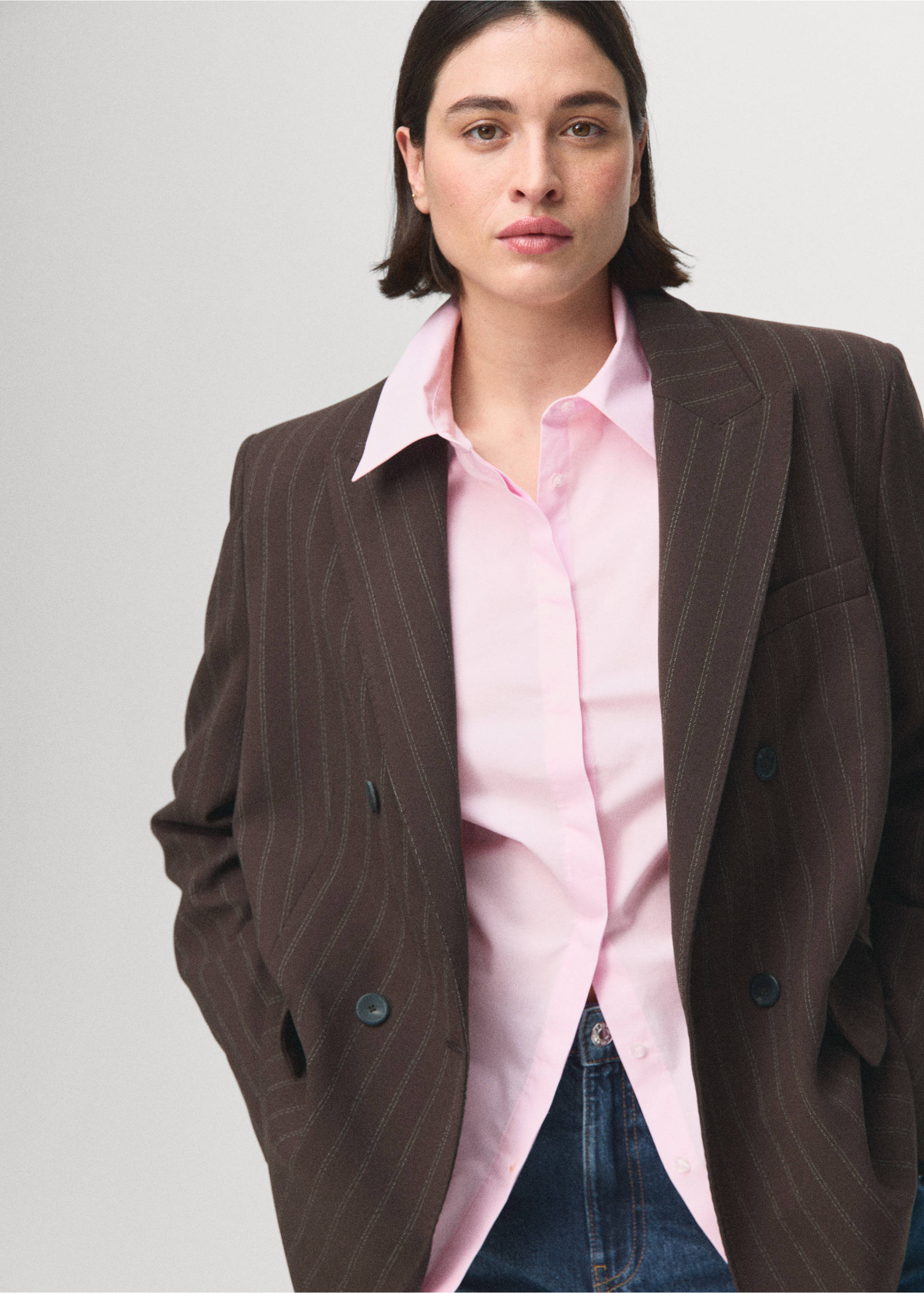 Double-breasted pinstripe suit jacket - Details of the article 4, Brown. Ref: 27061338-00.