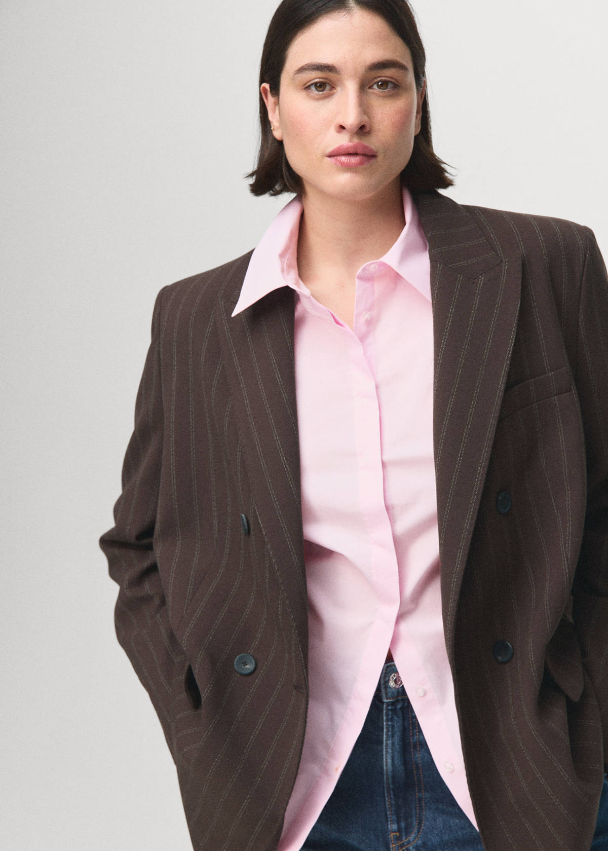Double-breasted pinstripe suit jacket — Brown