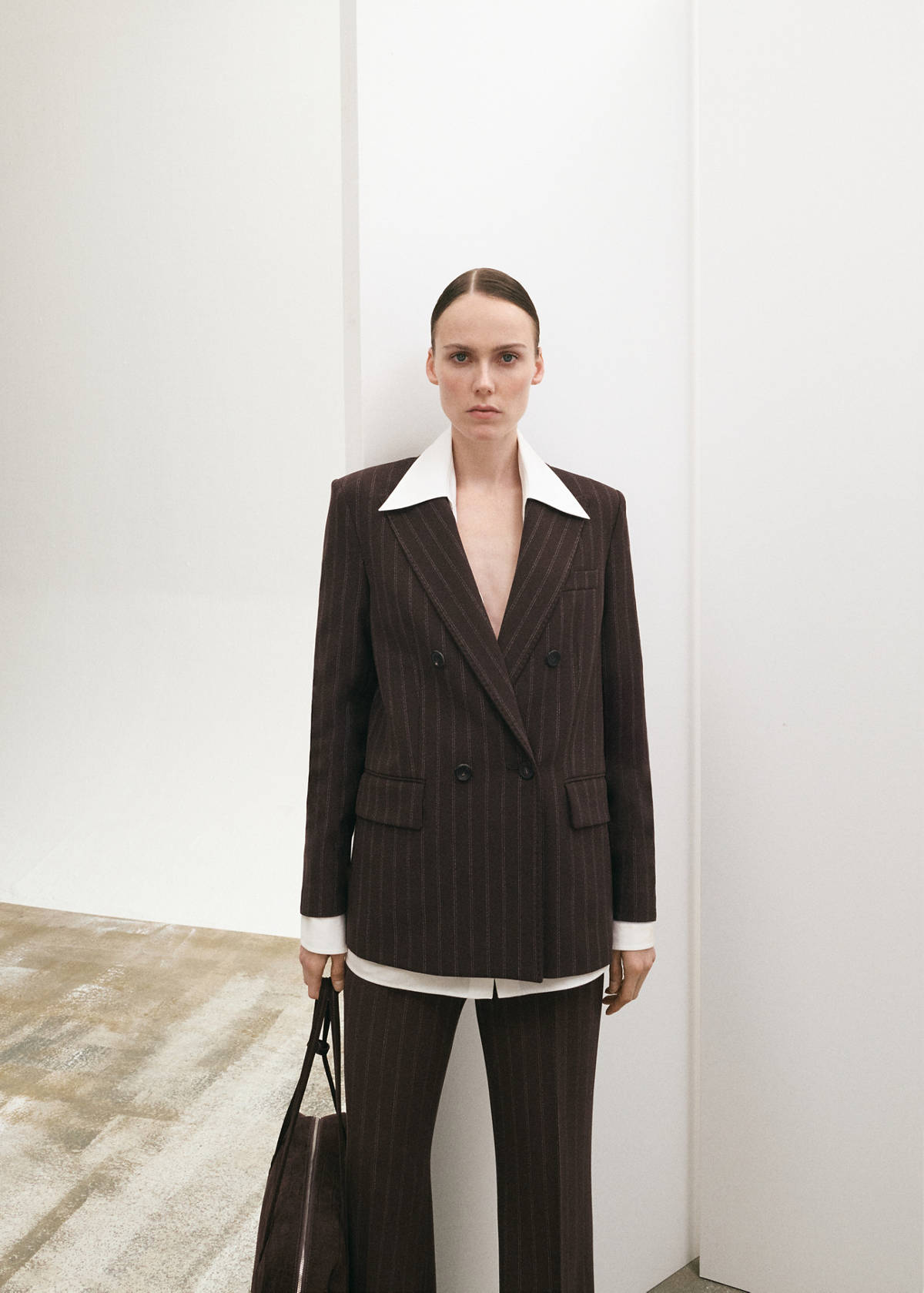 Double-breasted pinstripe suit jacket — Brown